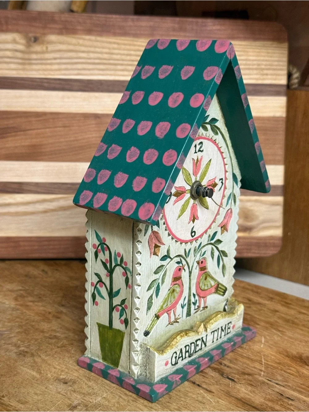 Hand-Painted and Carved Garden Time Wooden Wall Clock - Pink & Green